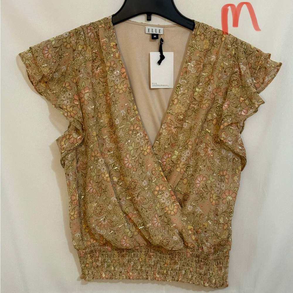 Elle Floral Ruffle Sleeve Blouse - Tan and Pink